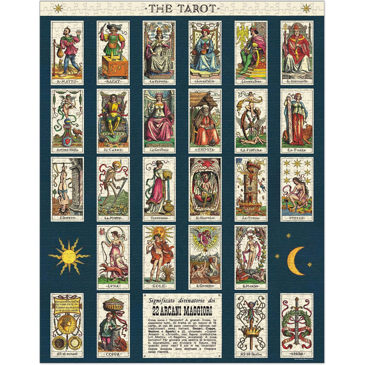 A square tarot card art print titled 'THE TAROT' on a dark blue background, featuring 24 illustrated tarot cards arranged in a grid with decorative celestial symbols and French text at the bottom.