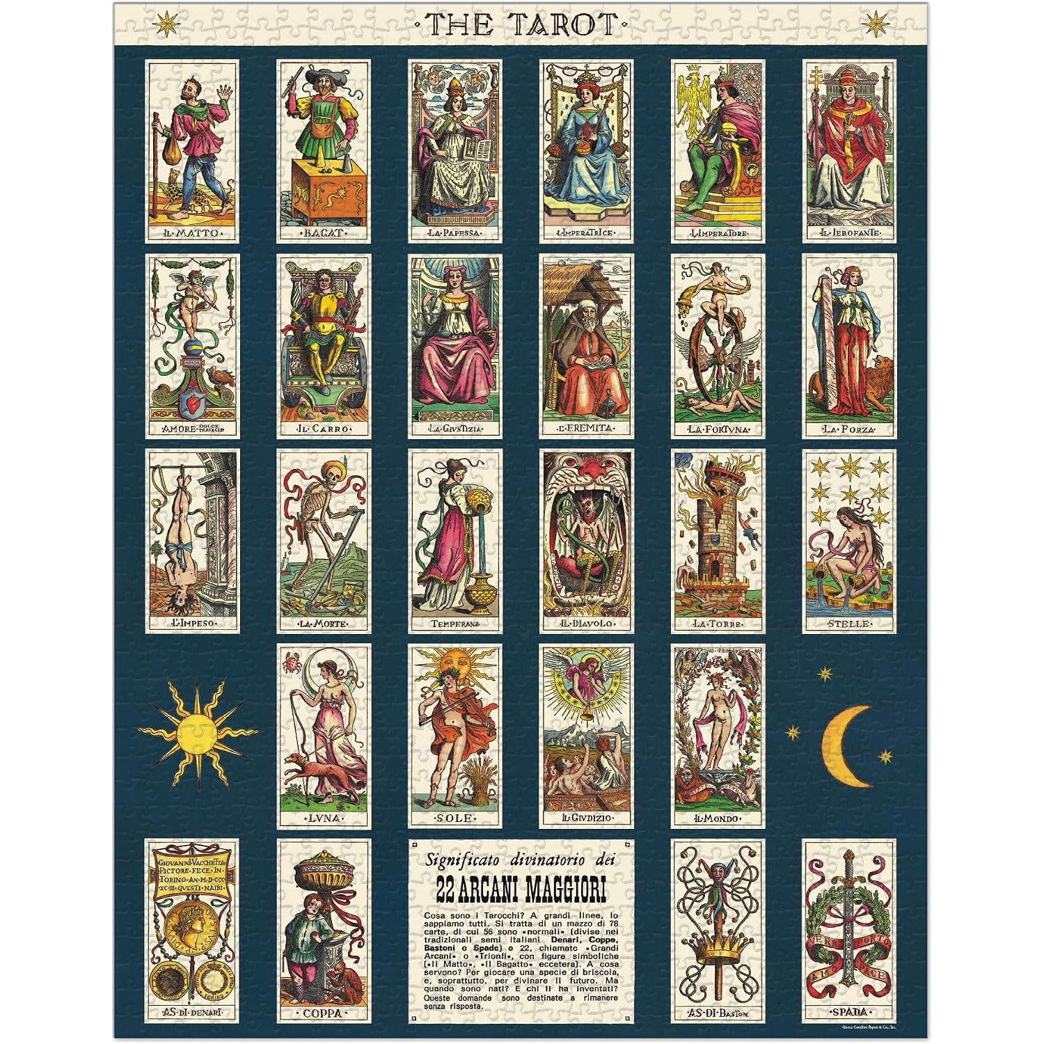 A cylindrical storage box for a vintage tarot puzzle, featuring a dark red lid and a printed label with tarot card illustrations and the text 'THE TAROT' and 'TAROT Vintage Puzzle 1000 pieces'.