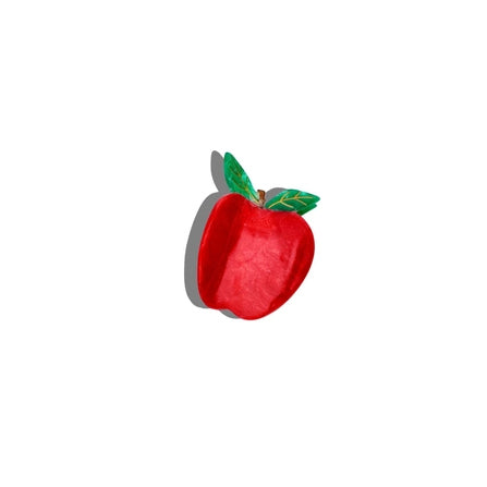 Red apple-shaped object with green leaves on a white background