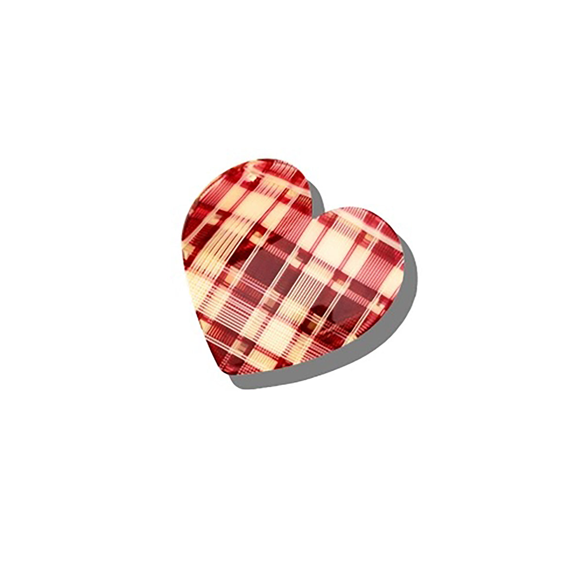 Red and beige plaid heart-shaped object on a white background