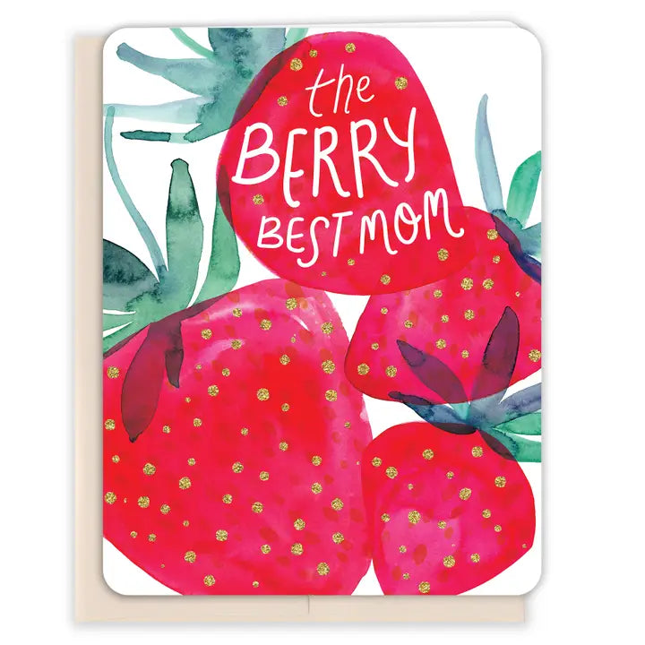 Greeting card with red berries and 'The Berry Best Mom' text on a white background