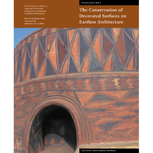 A book cover titled "The Conservation of Decorated Surfaces on Earthen Architecture" with a large photograph of a terracotta-colored decorated masonry structure and a brown header band at the top.