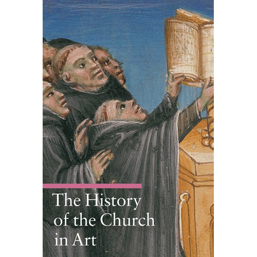 Book cover for 'The History of the Church in Art' featuring a medieval-style painting of clergy reading a Bible on a wooden lectern, with the title in white text on a dark band at the bottom.
