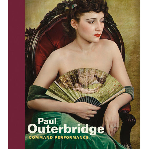 Book cover for 'Command Performance' by Paul Outerbridge, featuring a vintage portrait of a woman in a green dress and patterned fan seated in a red armchair against a gold background.
