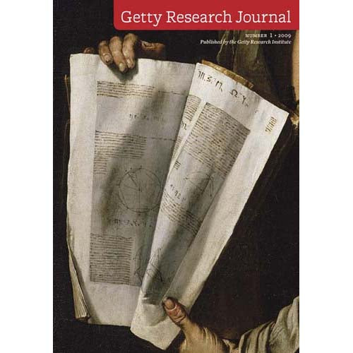 Front cover of the Getty Research Journal, showing a dark historical painting of hands holding open aged manuscripts. A red banner at the top reads 'Getty Research Journal' with issue details below.