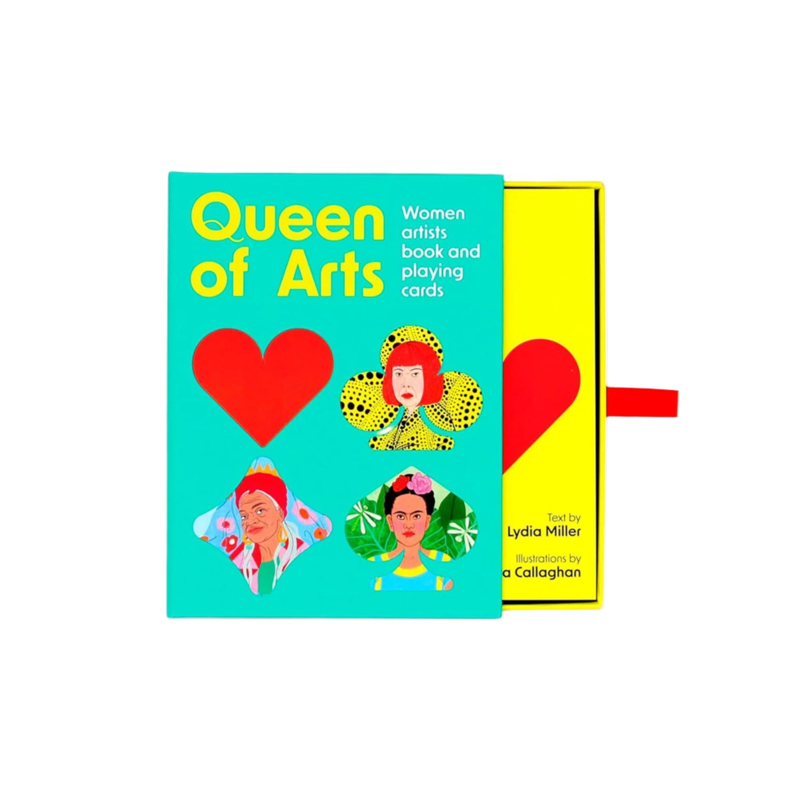 Packaging for 'Queen of Arts' which includes a book and playing cards, featuring colorful illustrations of women artists on the cover.