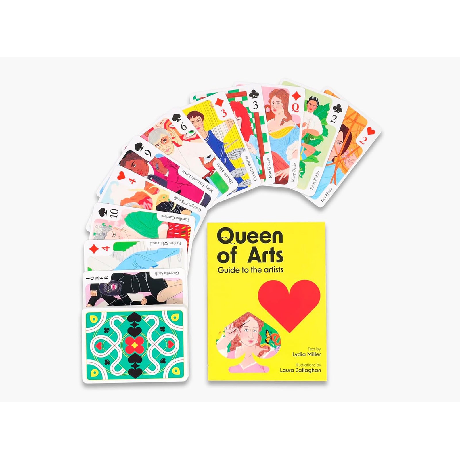 Packaging for 'Queen of Arts' which includes a book and playing cards, featuring colorful illustrations of women artists on the cover.