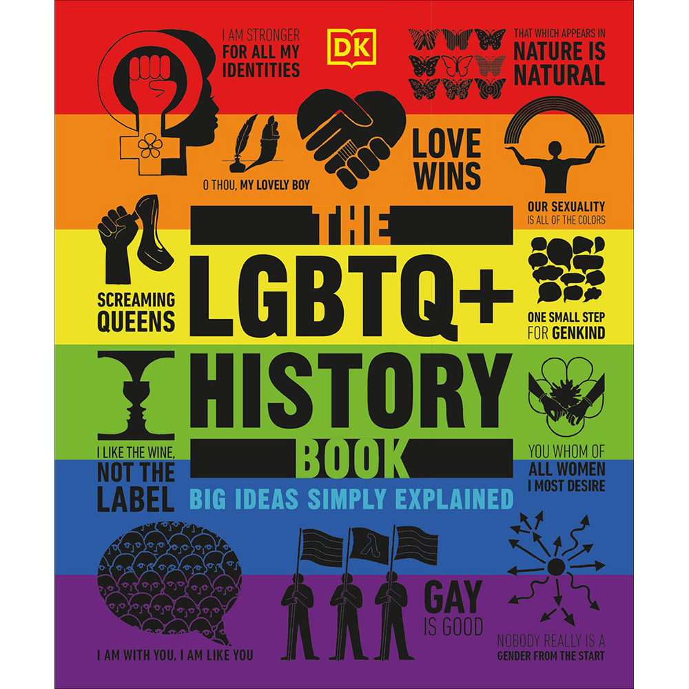 Cover of 'The LGBTQ+ History Book' featuring a colorful design with text and symbols related to LGBTQ+ history and culture.