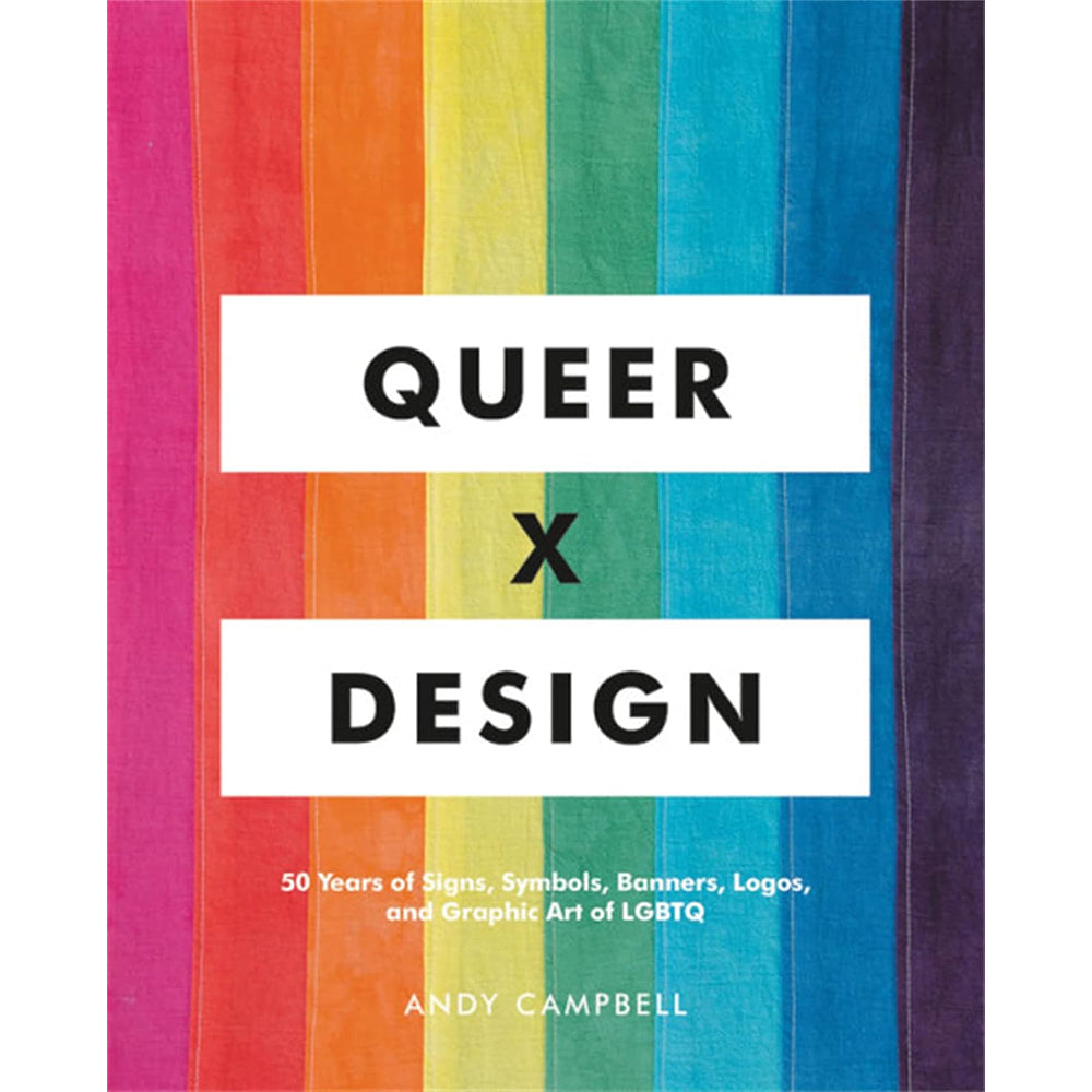 The cover of the book 'Queer X Design' featuring a colorful striped background with the title text laid out in white boxes.