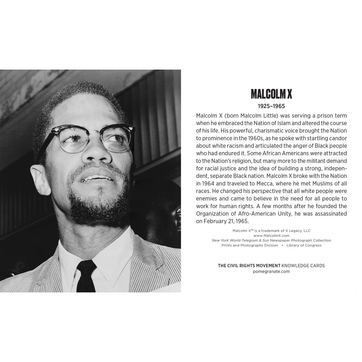 Black and white photo of a man with glasses and text about Malcolm X on a white background