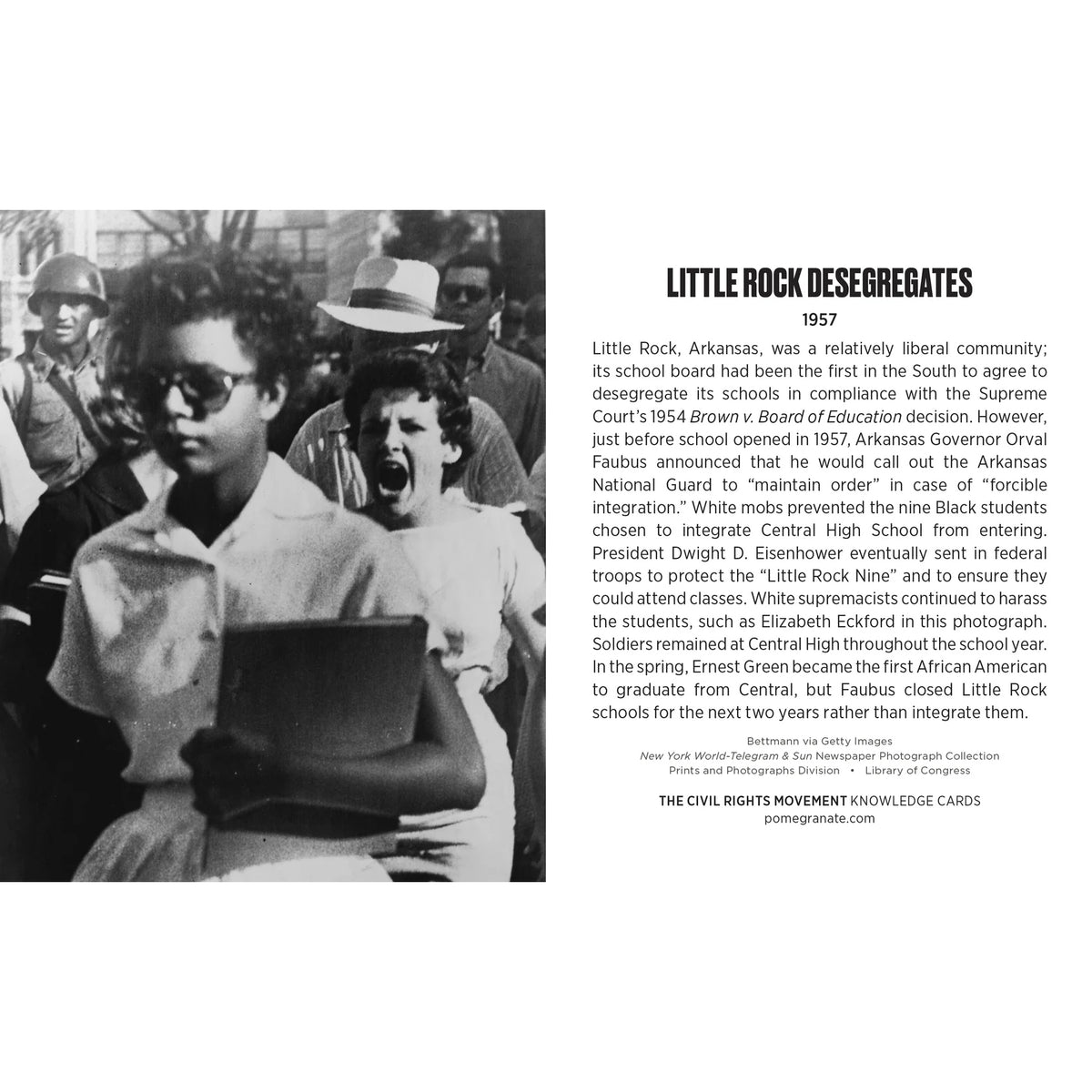 Black and white photo of a young girl holding a book with text about Little Rock desegregates.
