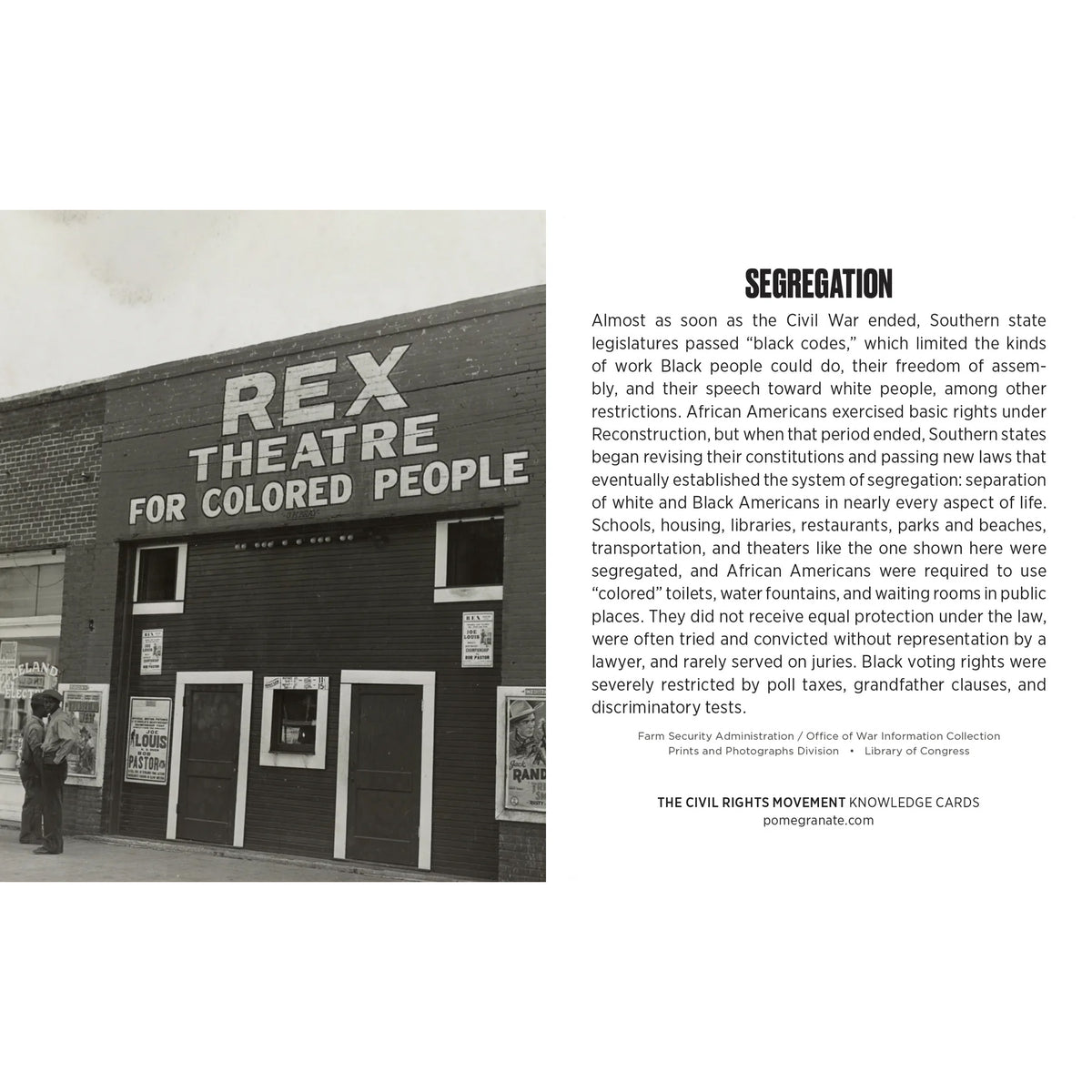 Black and white photo of the Rex Theatre for Colored People with text about segregation.