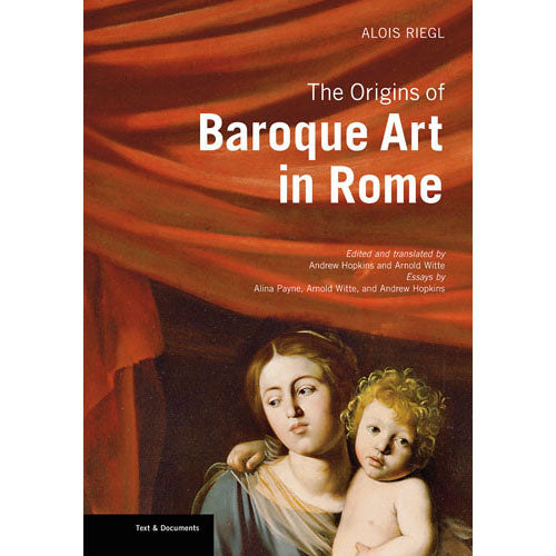 Book cover of 'The Origins of Baroque Art in Rome,' featuring a warm red-orange draped background and a classical painting of a woman holding a child.