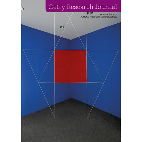 Front cover of the Getty Research Journal, featuring a minimalist art photograph of a red square suspended in a blue room with white geometric lines, under a purple header with white text.
