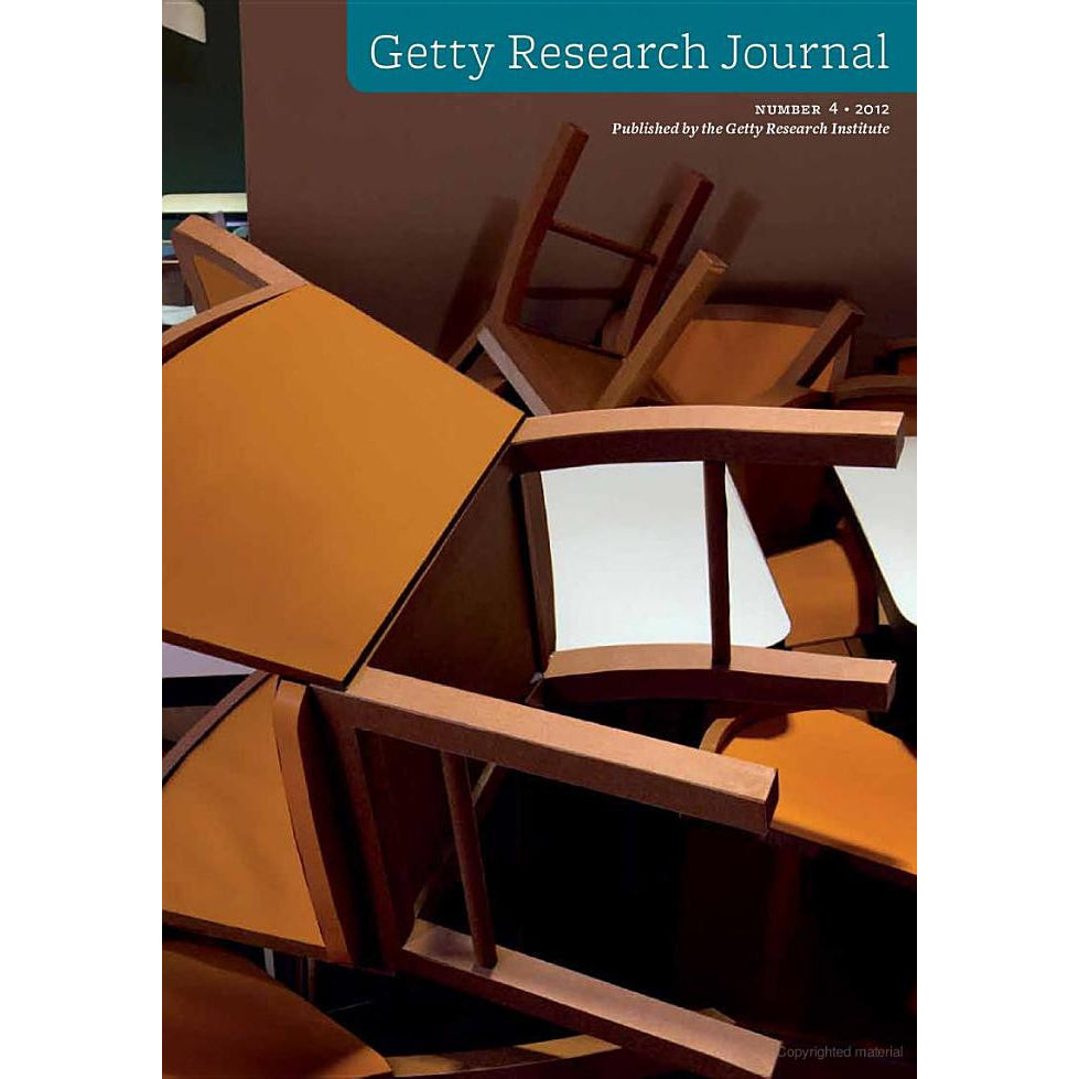 Front cover of the Getty Research Journal, showing a photograph of stacked wooden chairs with orange-brown seats in a dim interior, with a teal title banner at the top reading 'Getty Research Journal'.