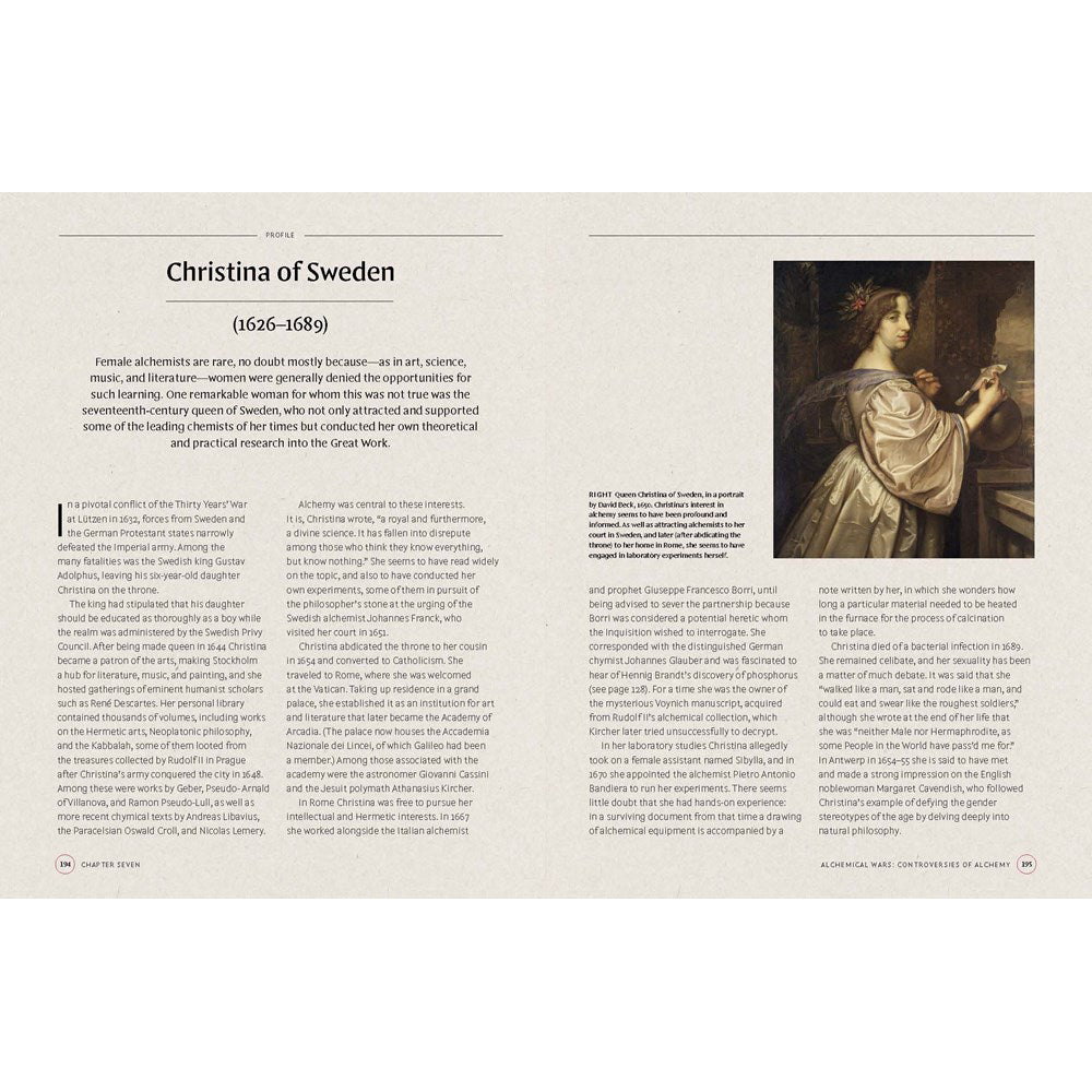 Portrait of a woman with text about Christina of Sweden on a beige background