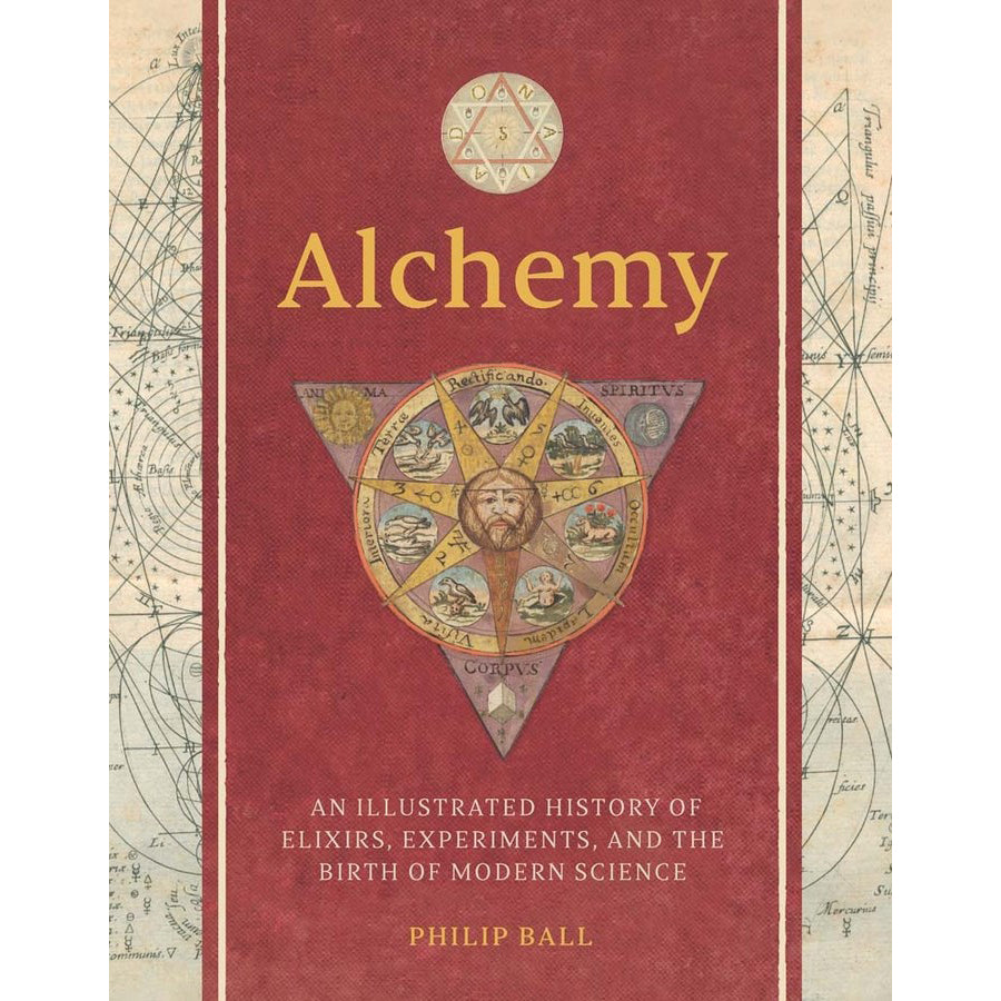 Book cover of 'Alchemy' with alchemical symbols and text on a red background