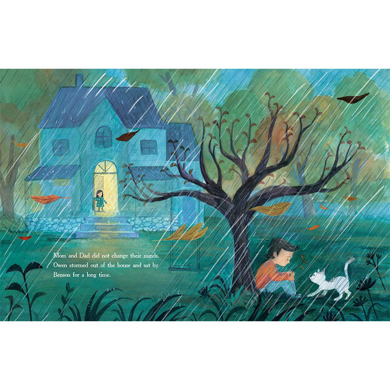 Illustration of a child and cat sitting under a tree in the rain, with a house in the background.