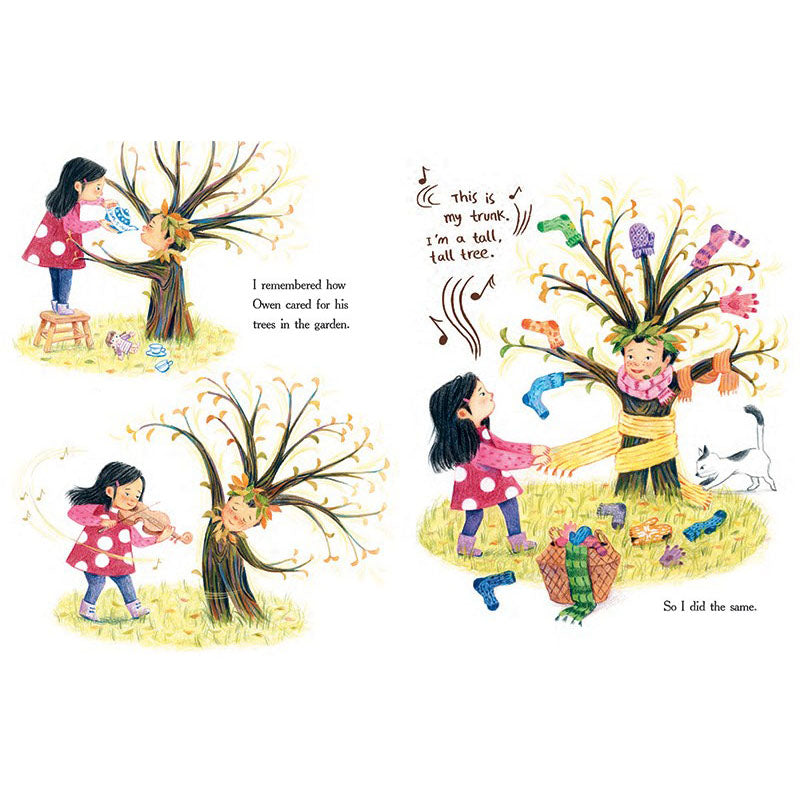 Illustrated book page with a child playing with trees and text.