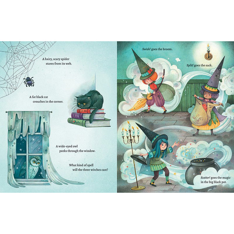 A two-page children's book spread with whimsical witch illustrations and printed text. The left page shows a spider in a web, a black cat in a room, a window with an owl, and a cauldron.