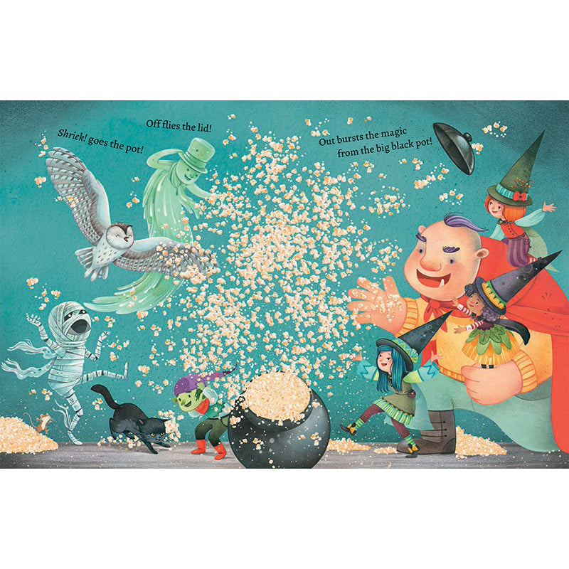 A colorful illustrated scene showing a group of whimsical characters around a large black pot overflowing with popcorn on a teal background. The artwork includes a smiling wizard-like figure in a red cape, a mummy, a green monster, a black cat, a flying owl, and text bubbles describing action.