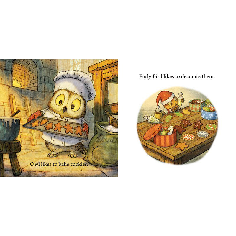 Book cover of 'Knight Owl's Little Christmas' with an owl in a suit of armor and another owl decorating a Christmas tree.