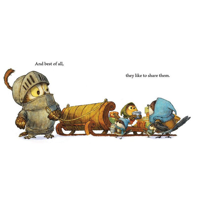 Illustration of a cartoon owl in armor pulling a sled with other animals, on a white background.