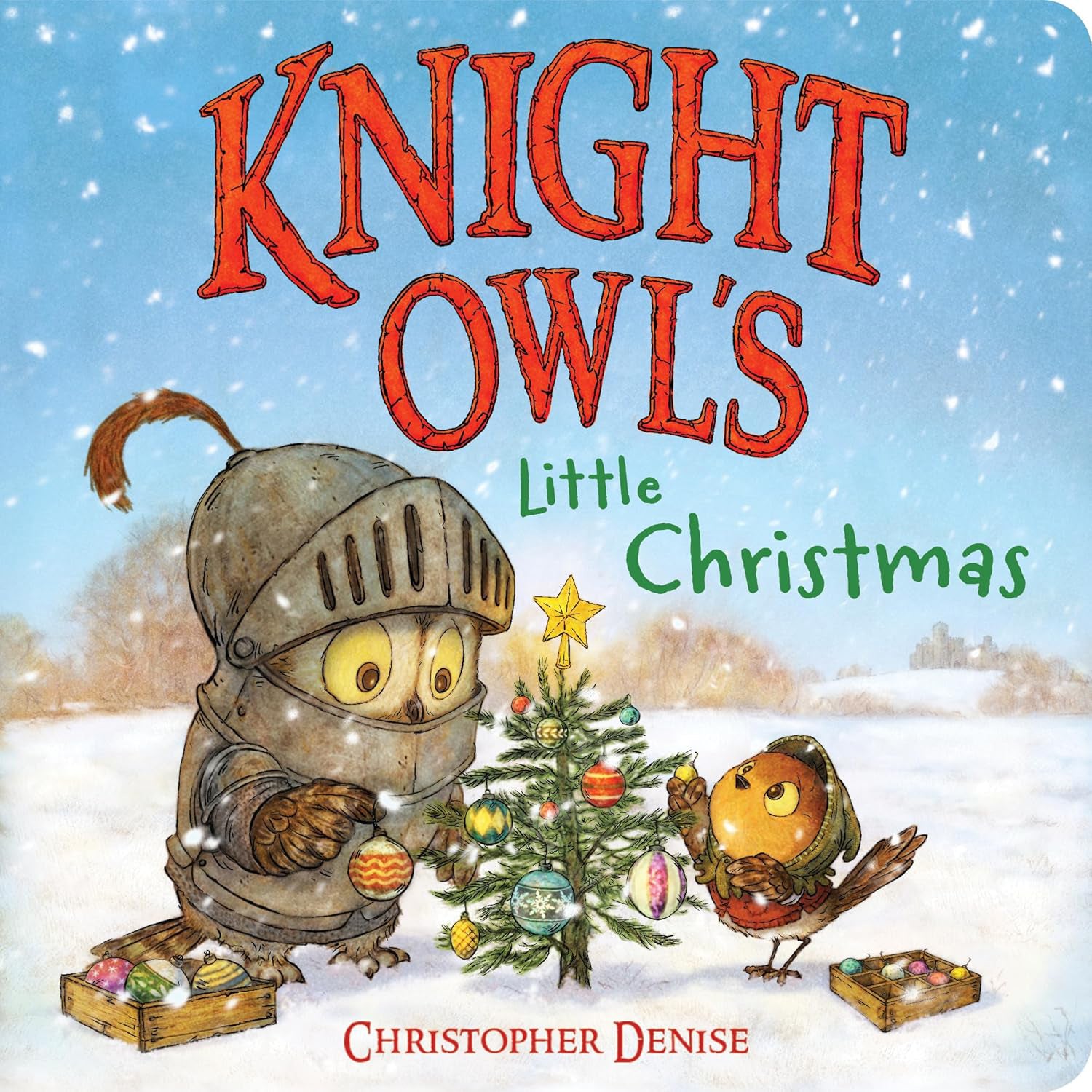 Book cover of 'Knight Owl's Little Christmas' with an owl in a suit of armor and another owl decorating a Christmas tree.