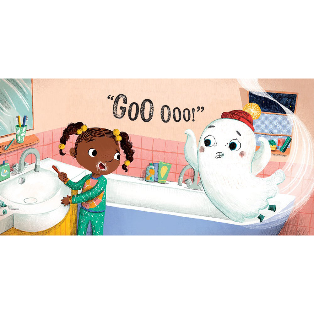 Little Ghost Says Boo! board book with a blue cover, featuring a cute cartoon ghost, orange 'BOO!' text, and colorful houses along the bottom. The red spine is decorated with white ghost illustrations.