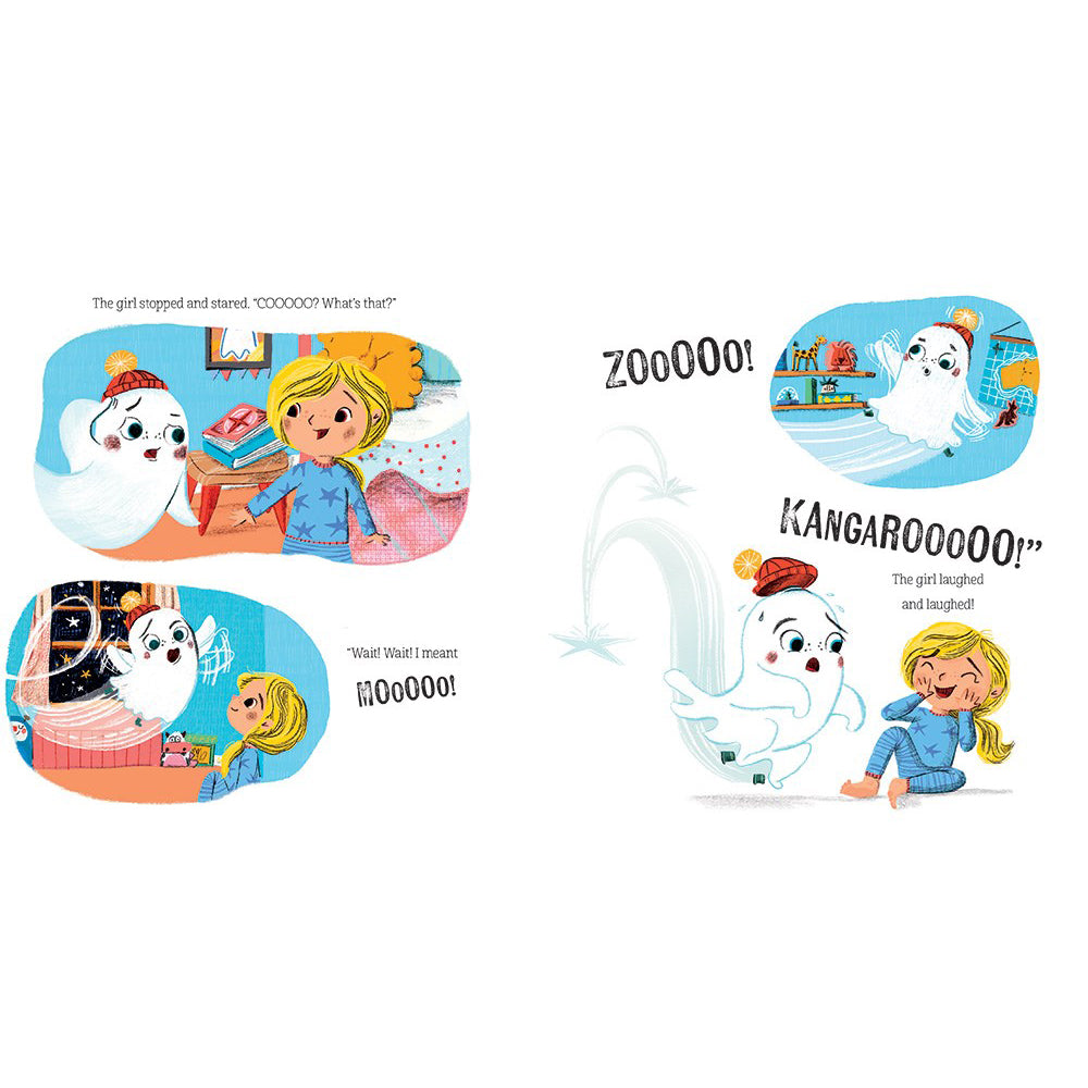 A children's book or comic-style illustration spread with cartoon ghost characters, a girl in pajamas, and playful sound effects on a plain white background.
