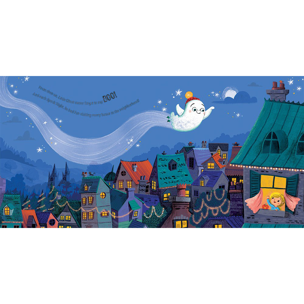 A colorful illustrated scene of a whimsical village at night under a blue sky, with a glowing moon, stars, and a white bird carrying a small yellow hat. Text appears across the upper left, and the artwork is presented on a white page-like background.