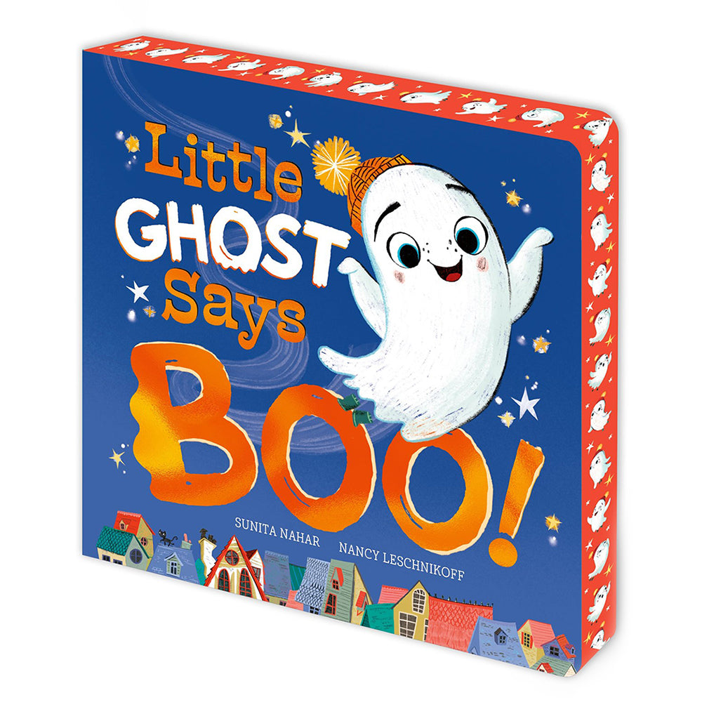 Little Ghost Says Boo! board book with a blue cover, featuring a cute cartoon ghost, orange 'BOO!' text, and colorful houses along the bottom. The red spine is decorated with white ghost illustrations.