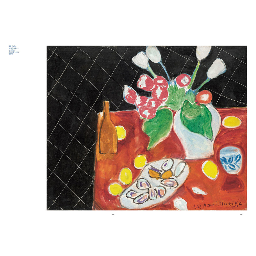 A still life painting print, depicting a table arrangement with a vase of tulips, a bottle, a plate of oysters, and yellow circles on a red tablecloth against a black grid background.