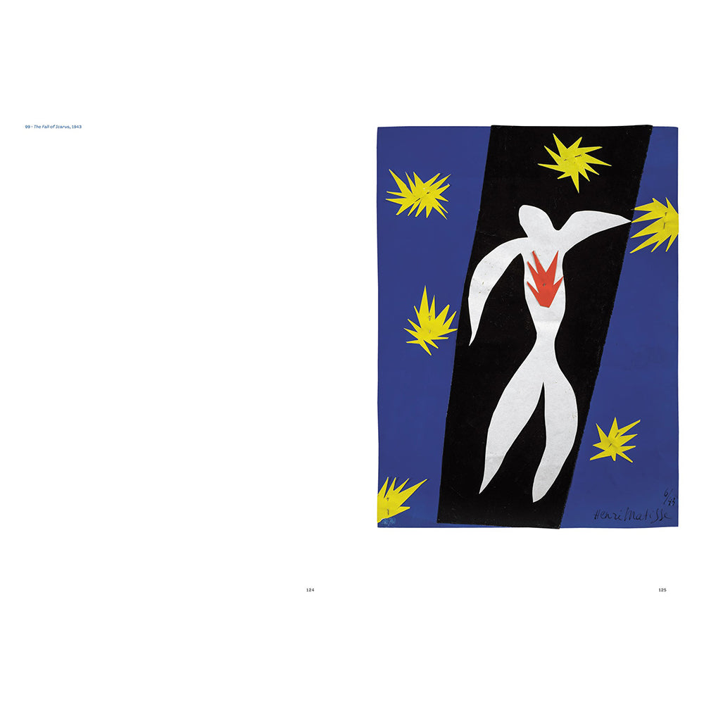 A square art print or poster on a white page background, featuring a stylized white human figure with a red chest shape on a black diagonal panel, surrounded by yellow starburst shapes on a blue field. Small text appears along the left margin and near the bottom.