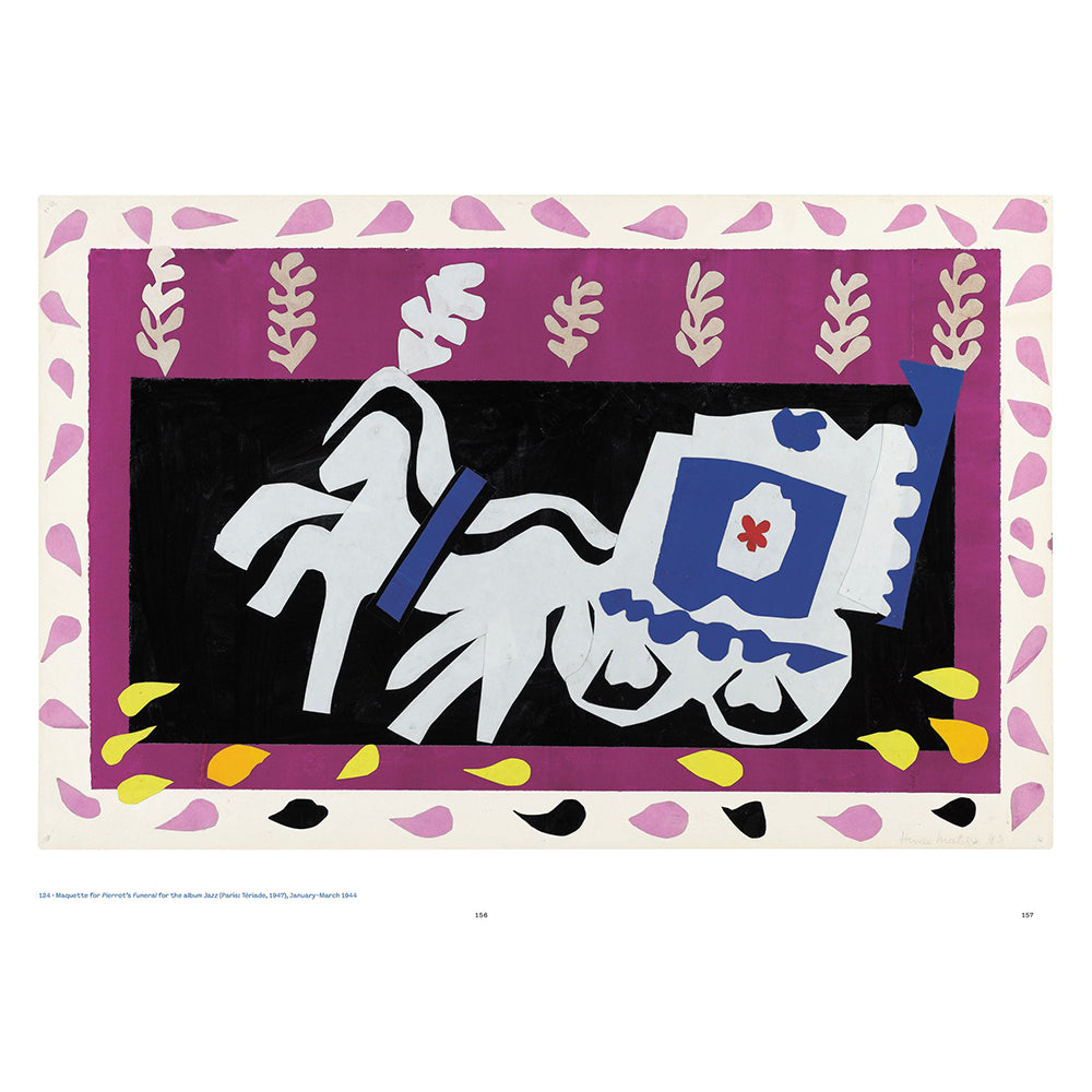 A colorful abstract art print featuring a stylized white horse and shield on a black background, framed by a purple border and a cream outer border with pink and yellow leaf motifs.