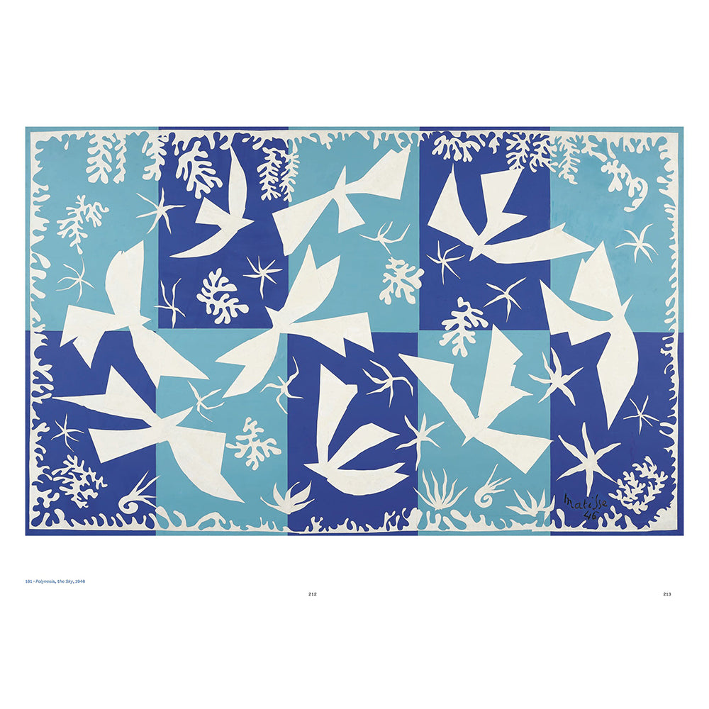 A square art print or poster featuring an abstract patchwork design of white birds and floral motifs over blue and light blue blocks, shown against a white page background with small text along the bottom margin.