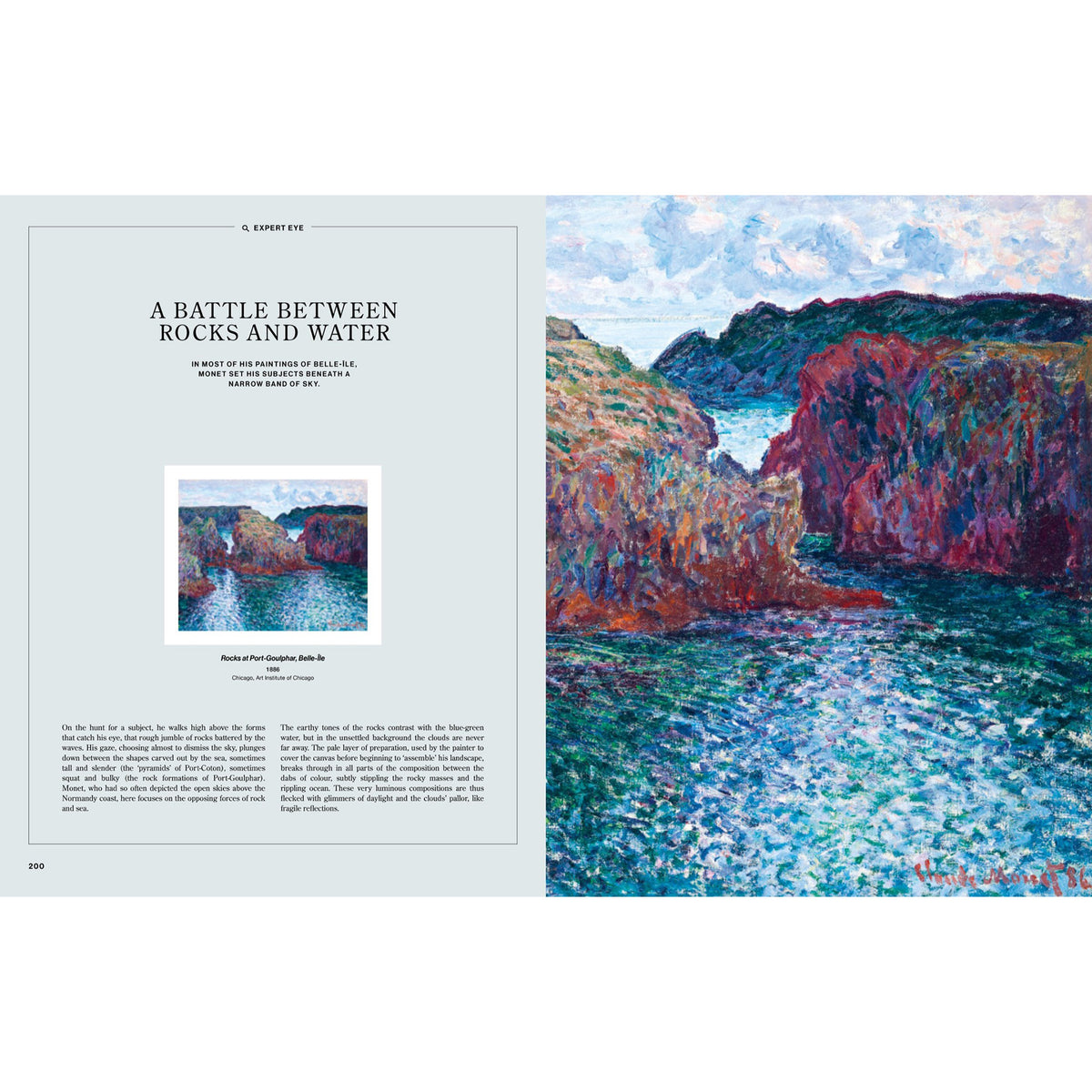 An open book showing a printed article about a coastal landscape painting. The left page has the title 'A BATTLE BETWEEN ROCKS AND WATER' and a small inset reproduction of the painting.