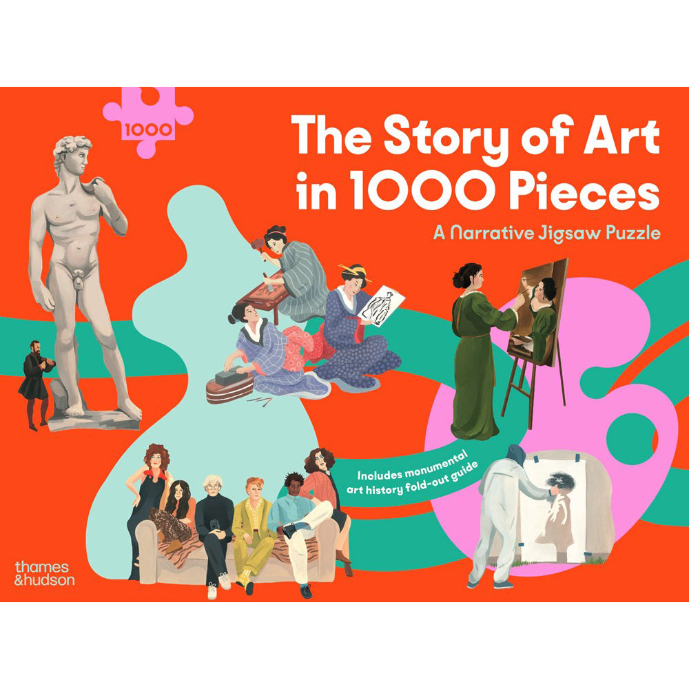 Cover of 'The Story of Art in 1000 Pieces' puzzle with illustrations of people and art pieces.