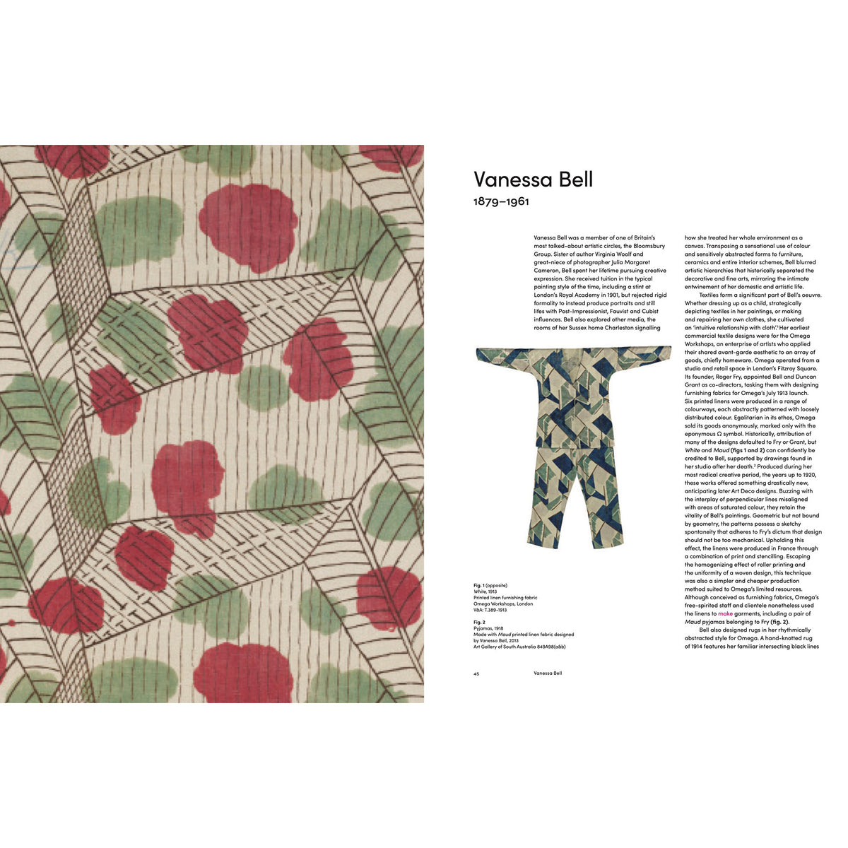 A printed book page showing a close-up of a patterned textile on the left and biographical text about Vanessa Bell on the right, including a small inset photo of a garment.