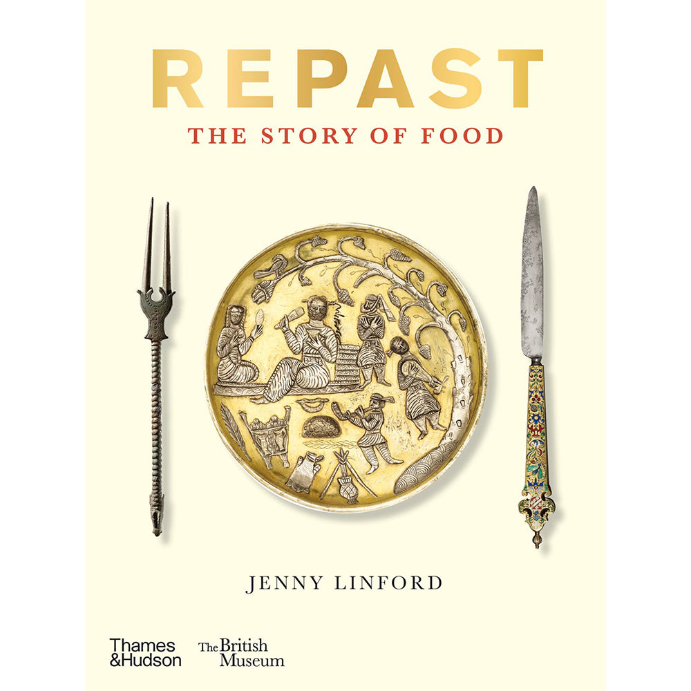 Book cover of 'REPAST: The Story of Food' by Jenny Linford with decorative plate and utensils.