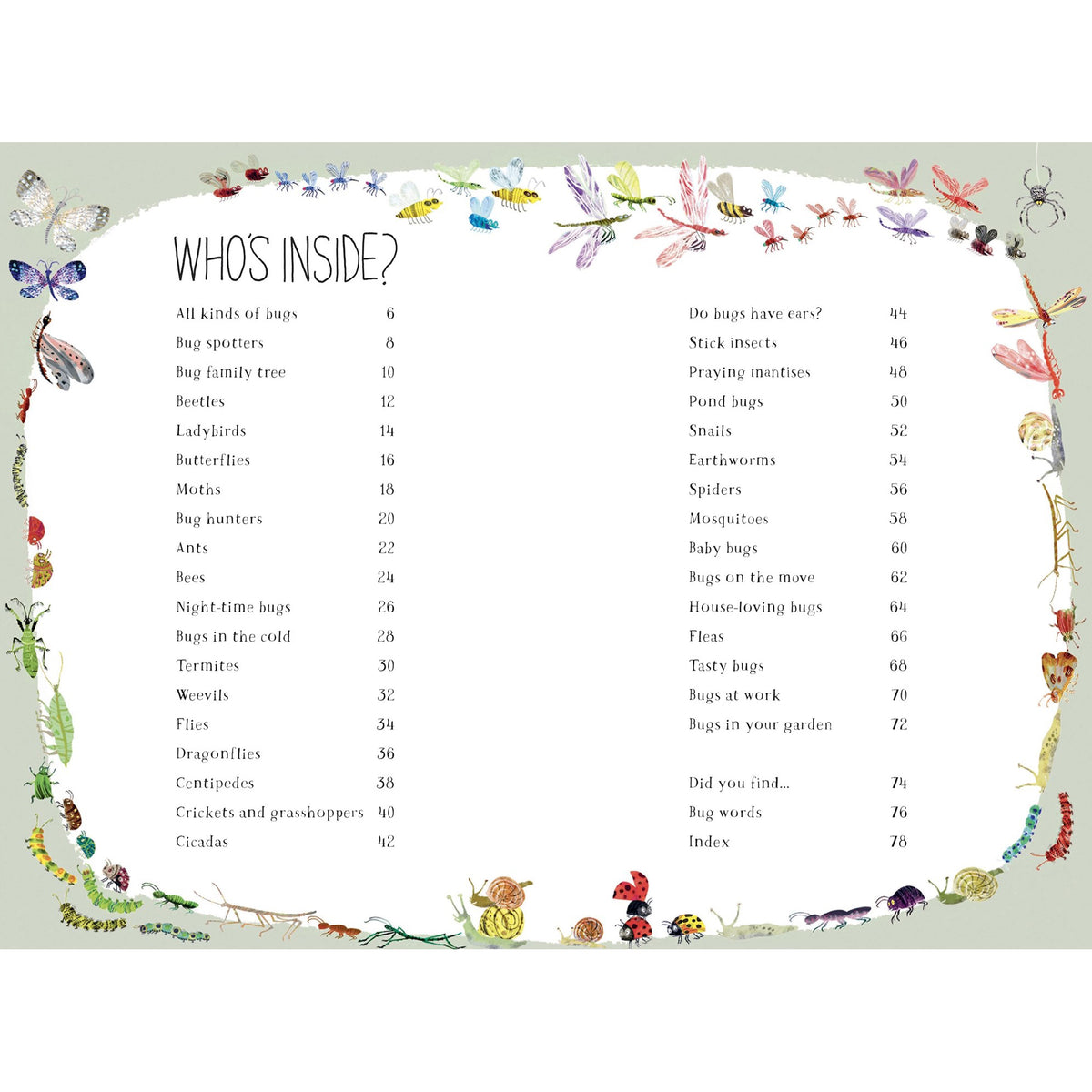 Table of contents page with illustrations of insects and text on a light green background