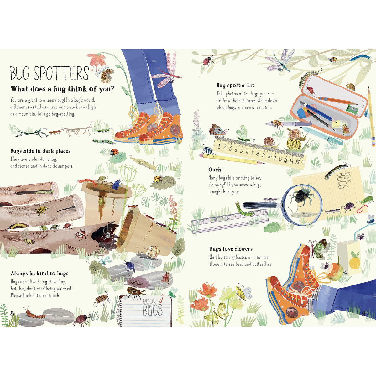 Illustrated children's book page about bugs with text and illustrations of feet in boots on grass.