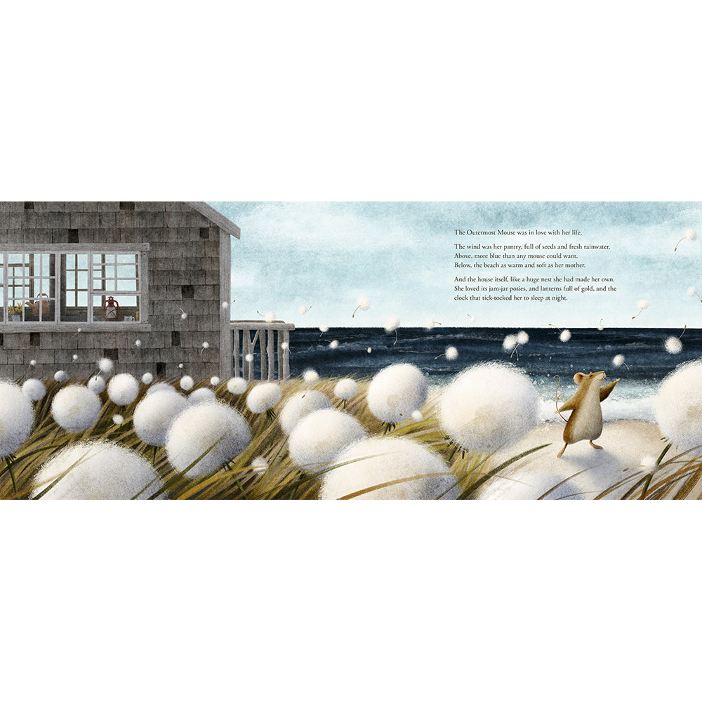 Illustration of a mouse by a house with snowballs and text on a snowy landscape.
