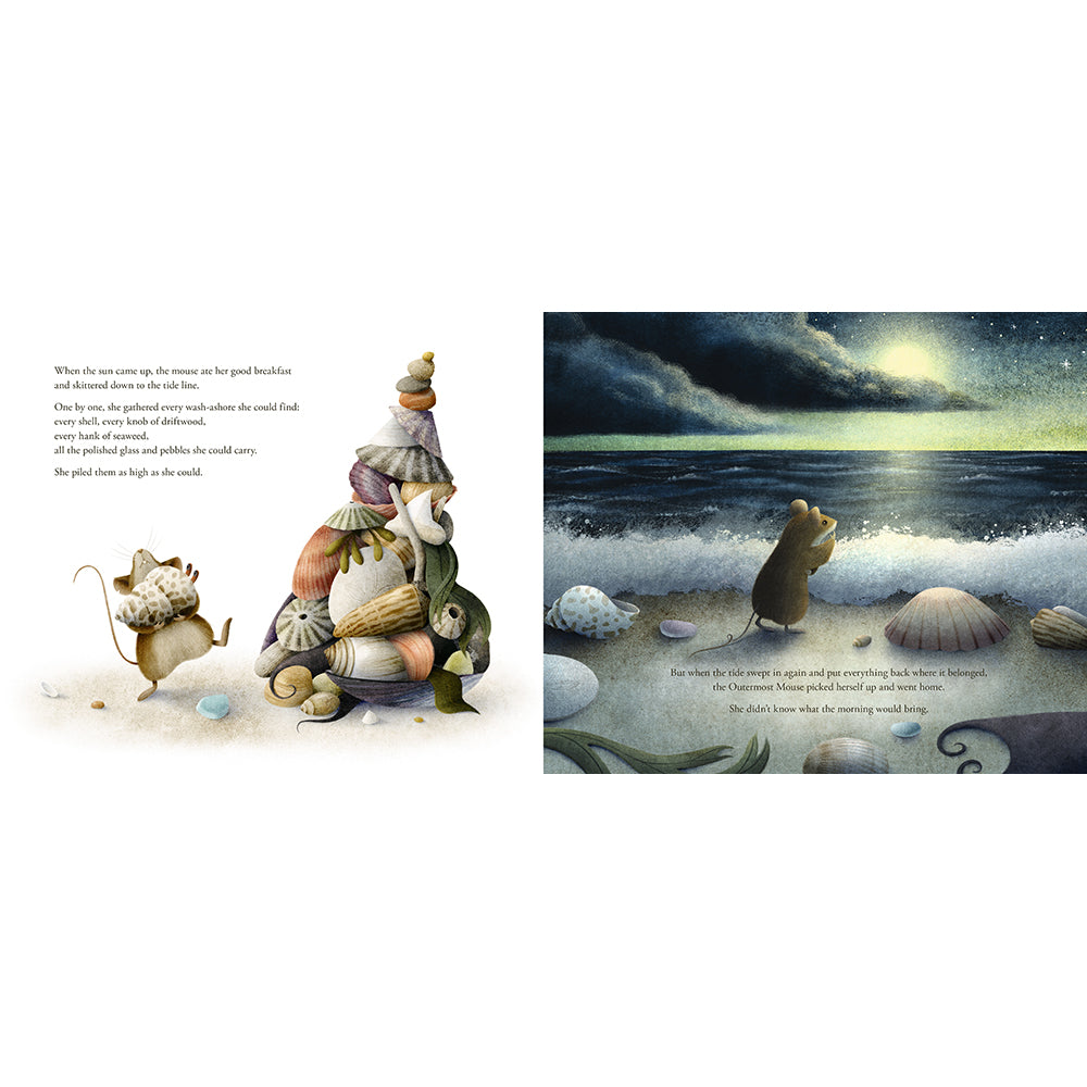 Illustrated book page with a mouse and shell characters on a beach at night.