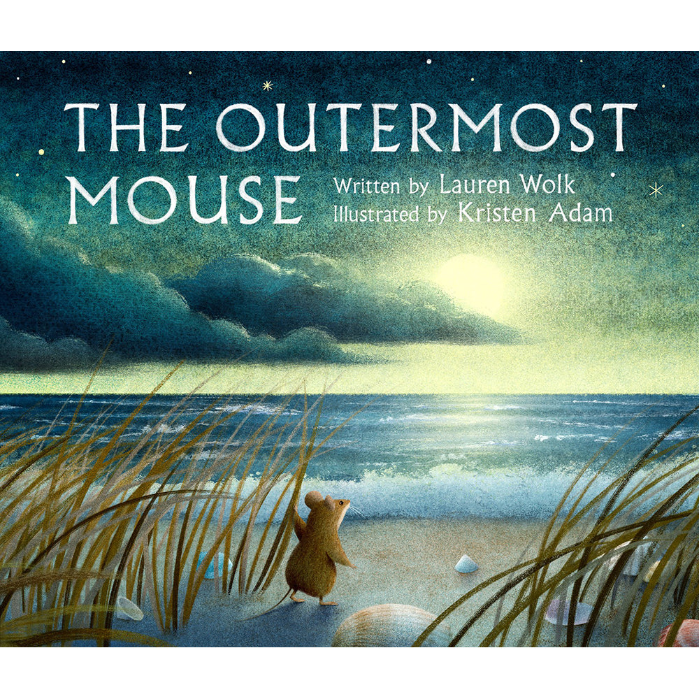 Book cover of 'The Outermost Mouse' with a mouse on a beach at night.