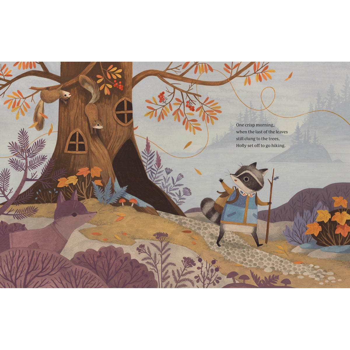 Illustration of a raccoon with hiking gear in a forest setting