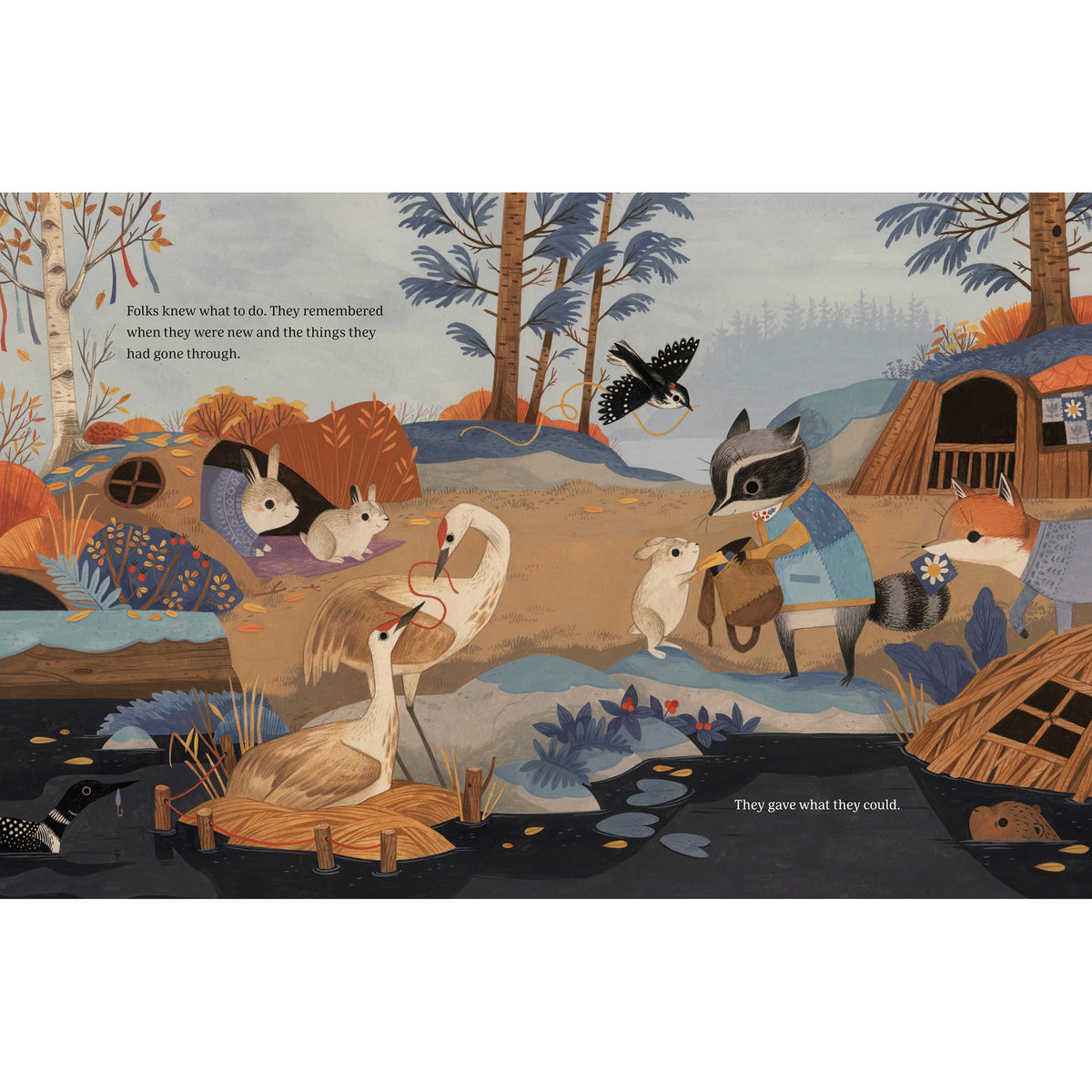 Illustrated scene with animals gathered around a log in a forest setting