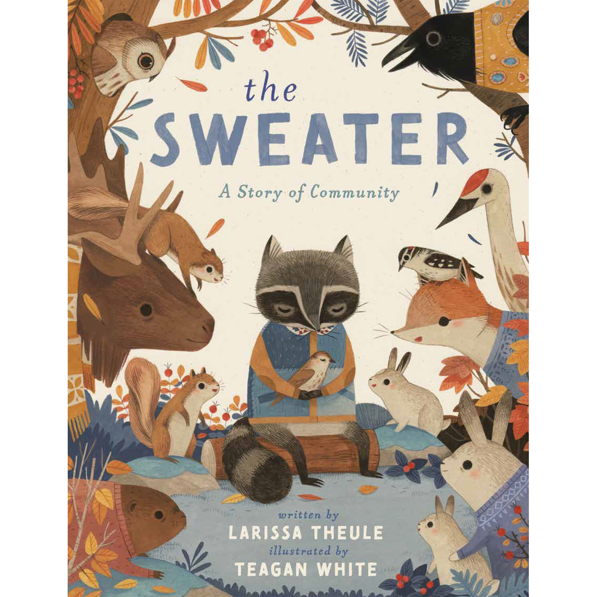 Book cover of 'The Sweater: A Story of Community' with illustrated animals wearing sweaters.