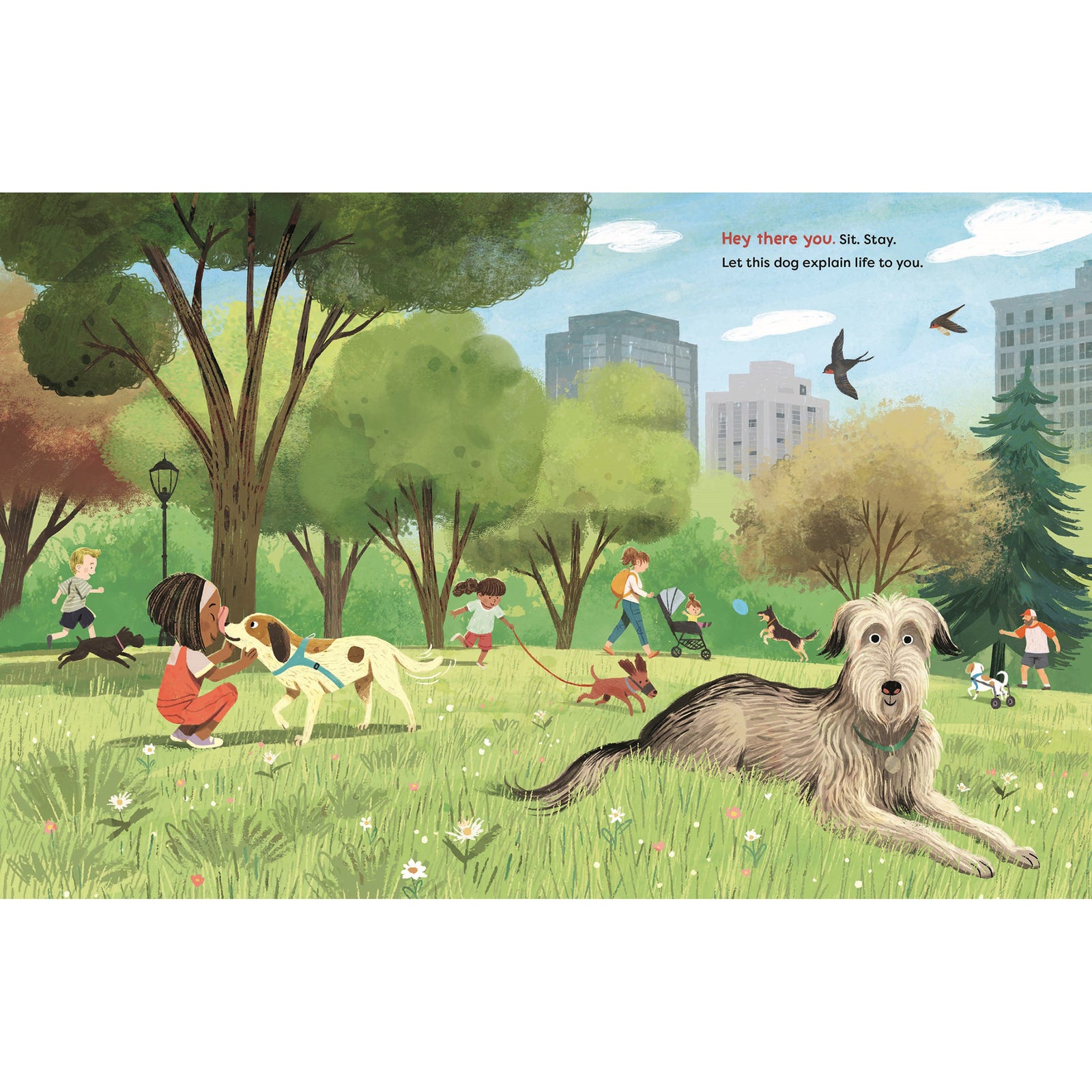 Book cover with cartoon dogs and text 'Everything you need to know about life you can learn from a dog' on a blue background.