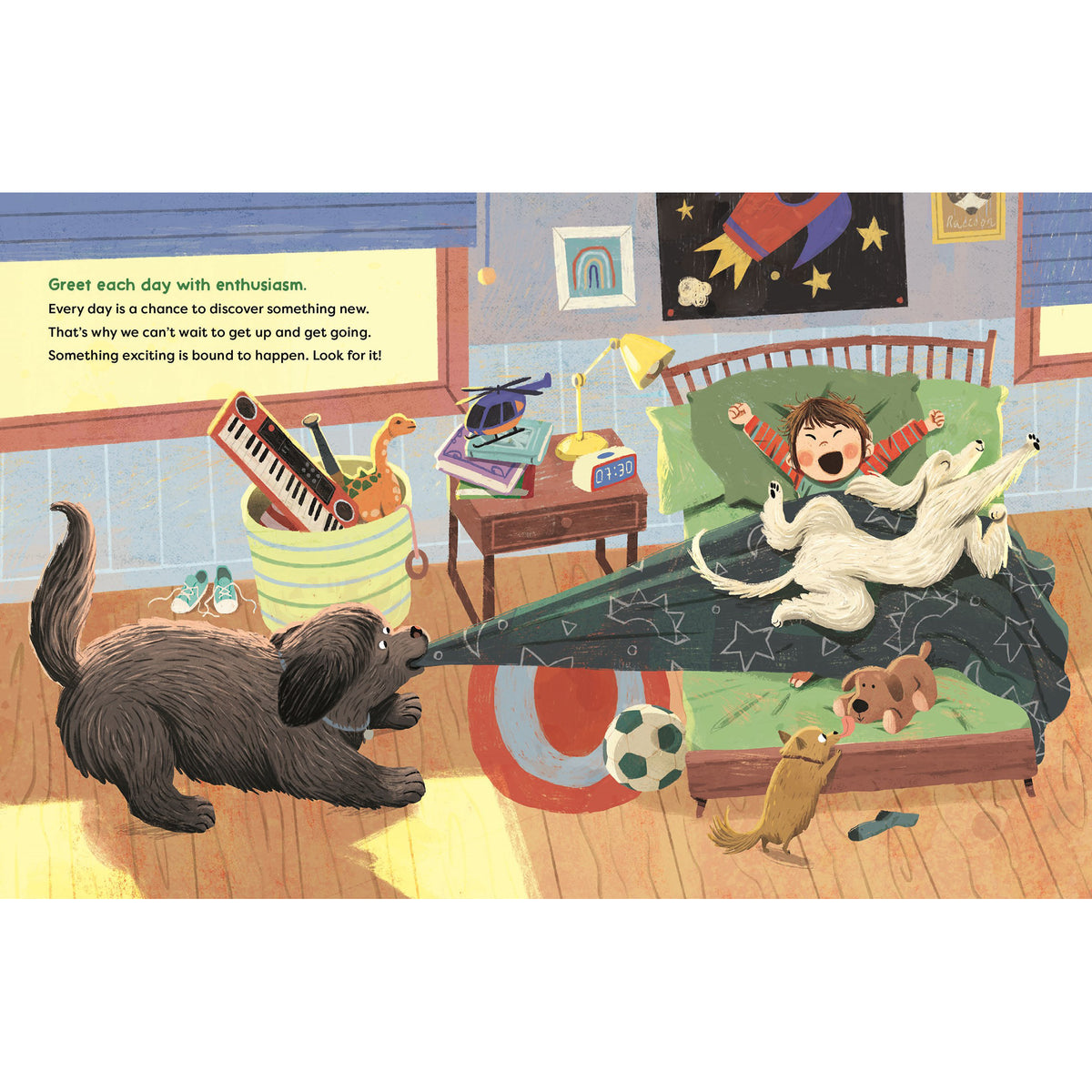 Illustration of a child waking up with pets in a bedroom